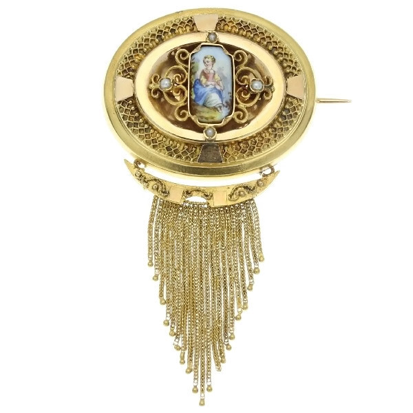 Gold Biedermeier brooch and locket antique Victorian brooch with enamel